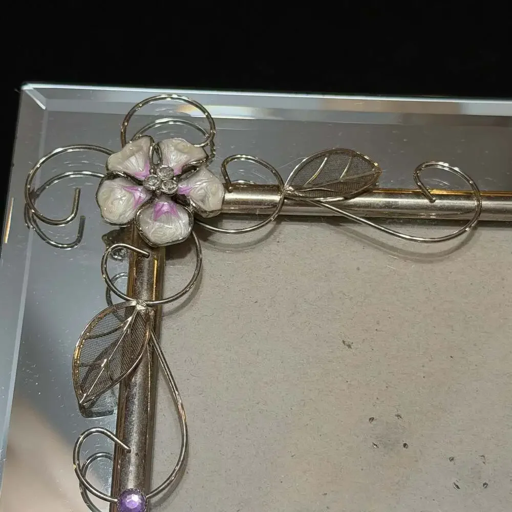 Vintage Style Mirrored Photo Frame with Enamel Dragonfly and Floral Accents